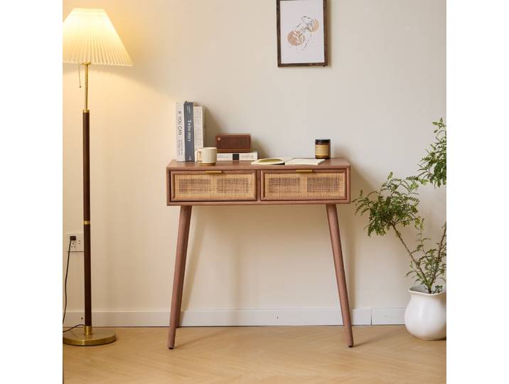 Console 2 tiroirs en bois de noyer et rotin naturel