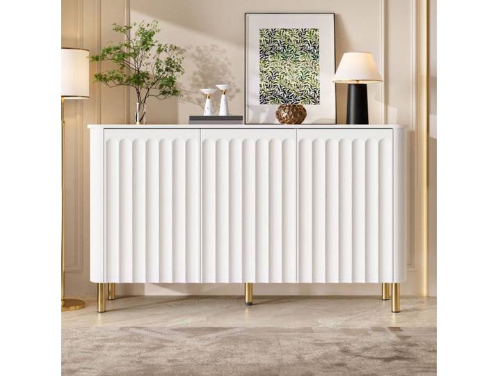 NuvlaGu - Buffet 135x36x78cm à 3 portes pieds en métal Style chic et élégant adapté au salon/Cuisine/Salle à manger - Blanc