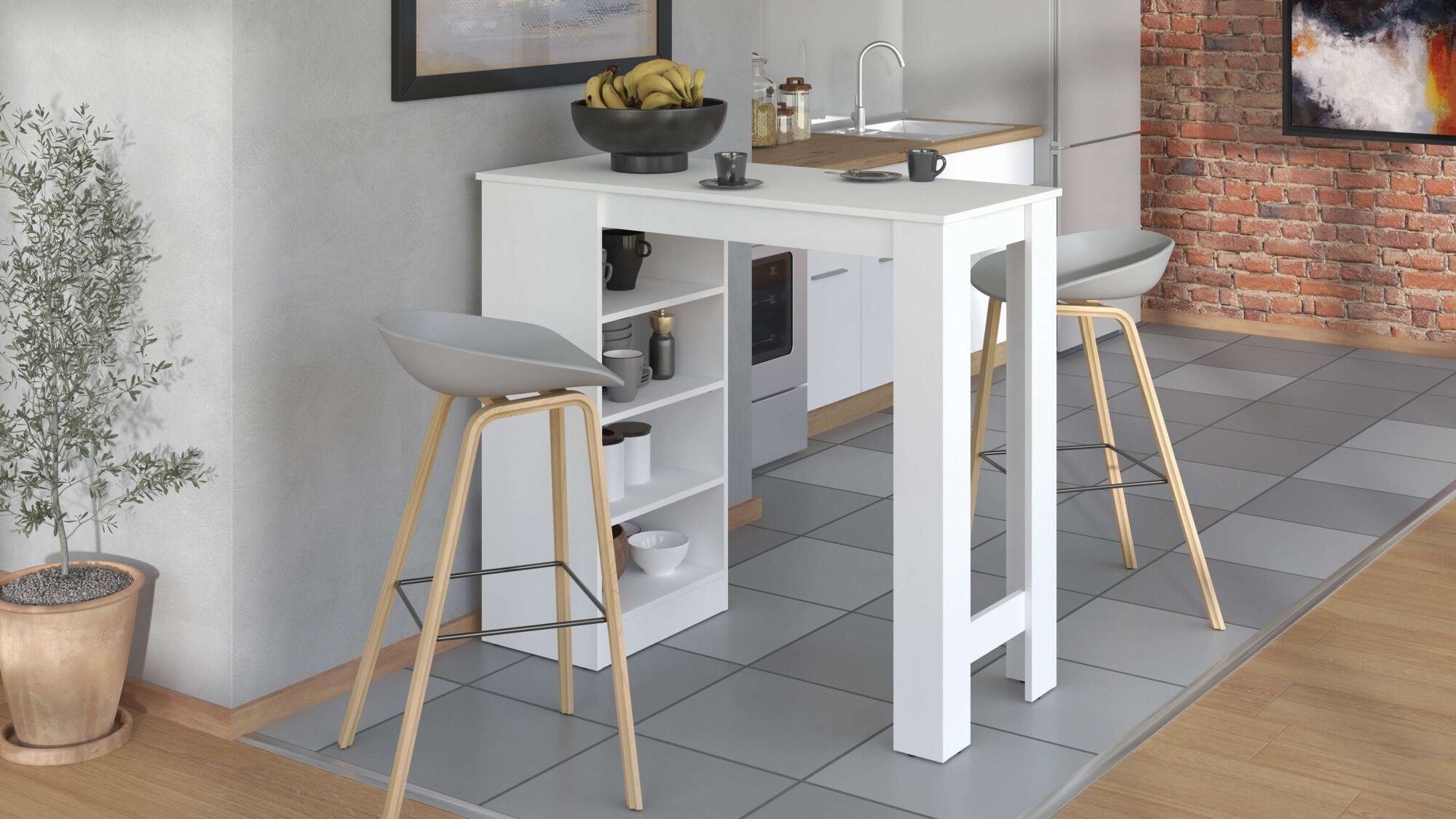 Bartisch HOME AFFAIRE "Valence, 120x50x150 cm, Küchentisch, Bartresen, Stehtisch, Bartheke", weiss (opaque weiß, opaque weiß), B:120cm H:105cm T:50cm, Tische, Bartisch, mit 4 Regalfächern, Eiche-Optik oder Weiss, Stilvoll und zeitloser opaque weiß, opaque