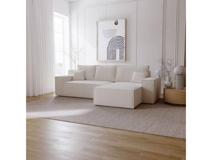 Emporius Bergamo L Ecksofa mit Bettkasten - Schlafsofa, Bettkasten, Boucle - Rechts, Eckcouch L-Form Creme (Anthology 1)