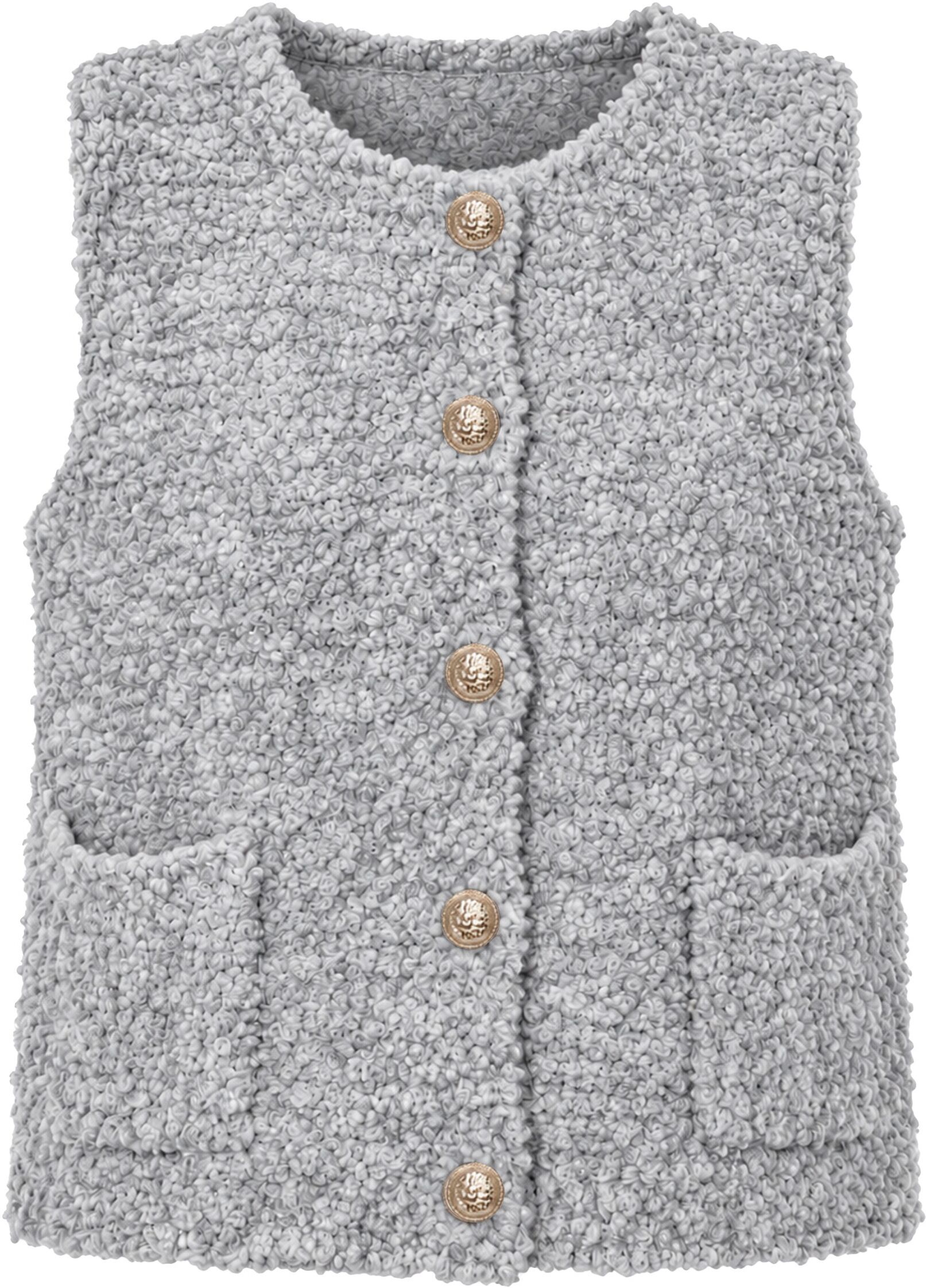 Shirtweste SASSYCLASSY "Bouclé-Weste mit Taschen", Damen, Gr. S, hellgrau, Weitere Stoffart, , figurumspielend hüftlang, Rundhals, Westen Shirtweste, Weiche Weste mit goldfarbenen Knöpfen Hellgrau