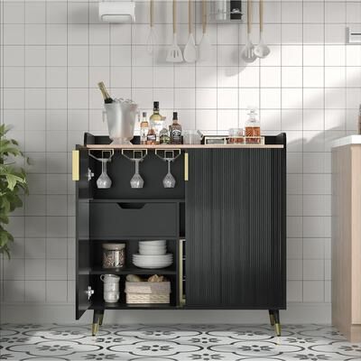 Garvee ern Small Sideboard Buffet with Fluted Doors & Wine Rack
