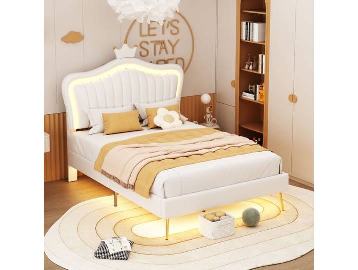 DRIPEX Lit enfant LED 90x200cm Lit maison en cuir PU avec couronne à la tête du lit sommier à lattes et dossier Blanc