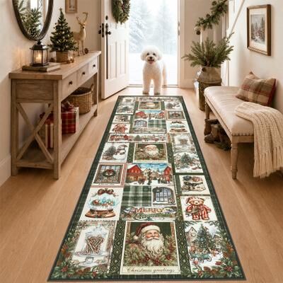 BLUEBELL Washable Christmas Runner & Area Rug, Vintage Postal‑Stamp Xmas Design