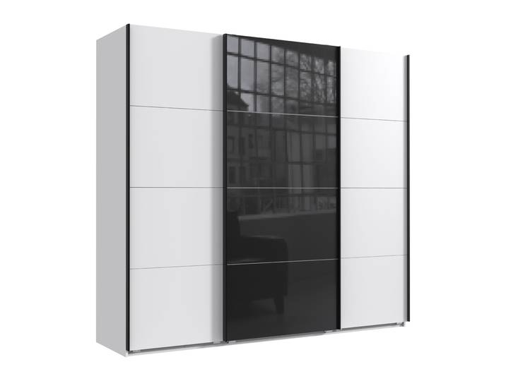 Schwebetürenschrank Kleiderschrank B225 cm H208 cm 3-türig Weiß, 1x Tür Glas Schwarz / 22522