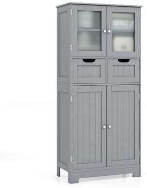 Costway 4 Door Freee-Standing Bathroom Cabinet with 2 Drawers and Glass Doors-Gray