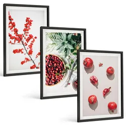 BILDER SET 3er Set - 40x60 cm Schwarzer Rahmen - Minimalismus der roten Früchte von Pflanzen