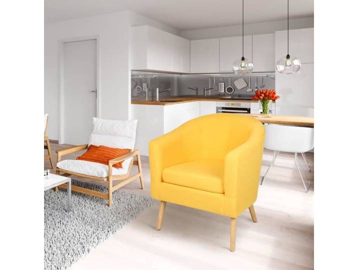 Fauteuil Scandinave YIS - Lin Jaune - Pieds Bois massif - Confortable et Design