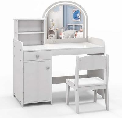 Kids Makeup Table& Chair Set Toddler Vanity Set W/2-Color LED Lights