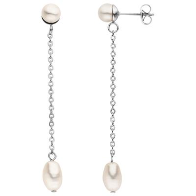 Perlenohrringe JOBO "lang mit Kette", silber (edelstahlfarben), Ohrringe, Damen, Edelstahl Perlen, Edelstahl, Perlen, Edelstahl mit 4 Perlen