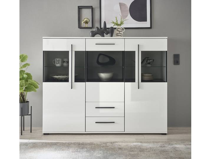 Highboard HOME AFFAIRE Cantara, moderner Schrank, Vitrine in Eiche Dekor, Weiss oder Kaschmir , weiss (weiß), B:160cm H:126cm T:42cm, Holzwerkstoff, Sideboards, Highboard, schwarze Stangengriffe, ausreichend Stauraum, vielseitig einsetzbar