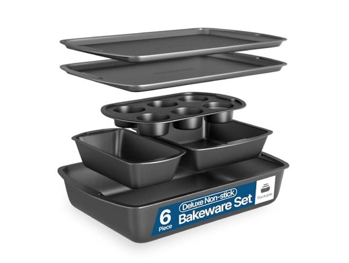 Bakken Swiss – Backformen-Set – 6-teilig – stapelbar, Deluxe, antihaftbeschichtete Backformen für professionelle und heimische Küche – Karbonstahl, graue Beschichtung