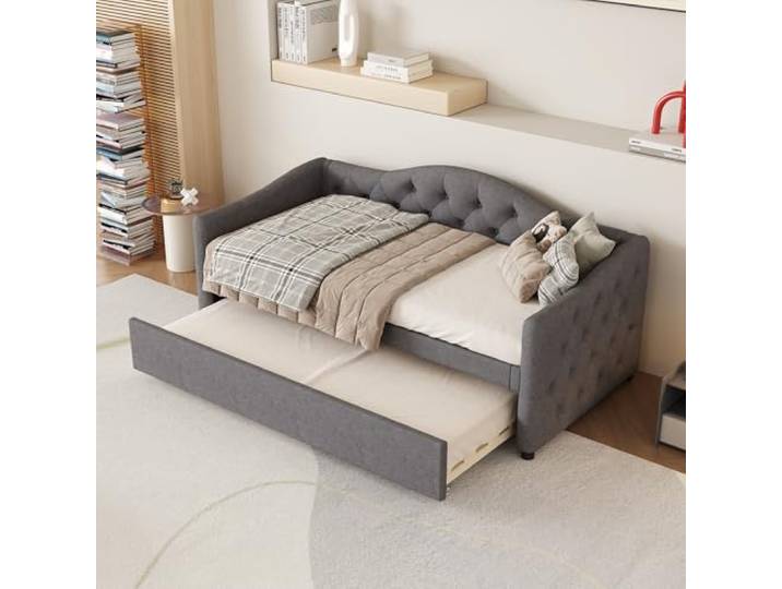 YAIXBNG Daybettt, 90x200cm Tagesbett mit ausziehbarem Bett,Schlafsofa, Einzelbett(Ohne Matratze), Leinen, minimalistisches Styling, Grau