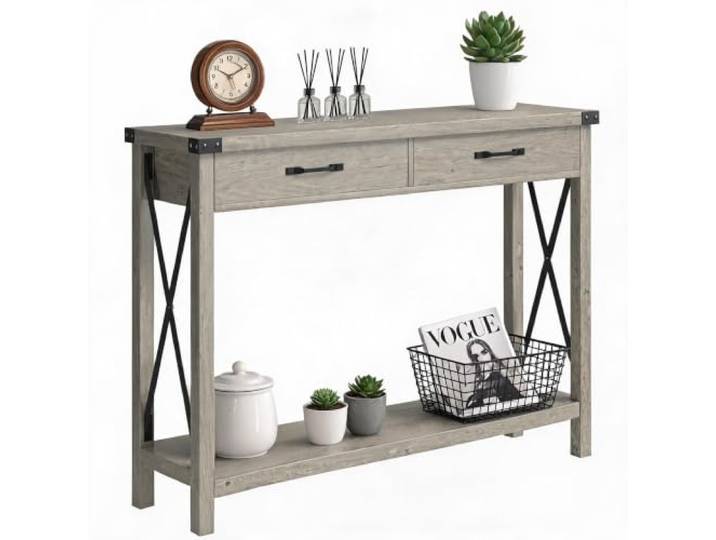 Litake 43-Zoll Schmaler Farmhouse-Konsolentisch mit 2 Schubladen & Ablage 110 cm Konsolentisch mit Stauraum, Landhausstil aus Holz, Schmaler Konsolentisch, Moderner Sofatisch für Flur 80*30*110 cm