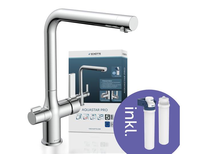 Spültischarmatur SCHÜTTE AQUASTAR PRO , grau (chrom), B:26,5cm H:30cm T:14cm, Messing, Armaturen, Spültischarmatur, mit Filtersystem für Trinkwasser, praktische Cold-Start-Funktion