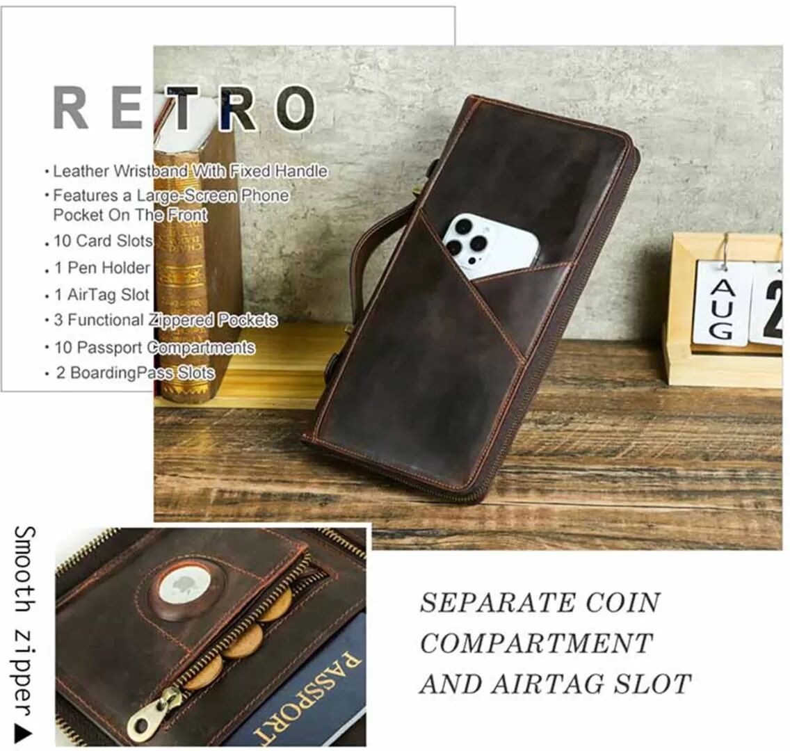 INF RFID-blockierende Reisebrieftasche & Reisepasshülle mit Airtag-Fach Kaffee