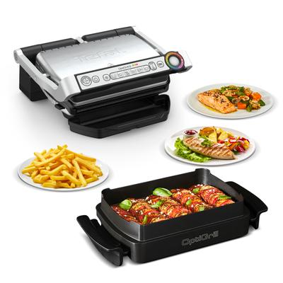Kontaktgrill TEFAL "GC714D OptiGrill", grau (schwarz, edelstahlfarben), B:44,5cm H:22,9cm T:51,2cm, Kontaktgrill_Standgrill_Tischgrill_Teppanyakigrill, + inkl. Snacking & Baking Zubehör