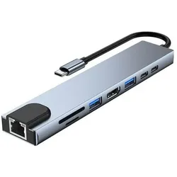 Lippa 8-in-1 87W USB-C PD 4K HDMI & Ethernet Hub USB-Hubs - 8 Anschlüsse - (USB-C, 8 Ports), Dockingstation + USB Hub, Silber