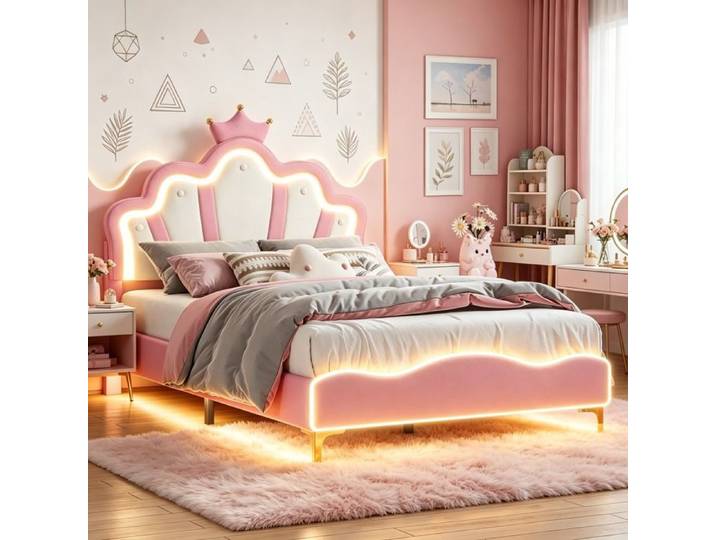 Lit Enfant Fille 140x190 cm avec LED Lit Princesse avec Tête de Lit Couronne Cadre de Lit 140x190 avec Sommier à Lattes PU Rose