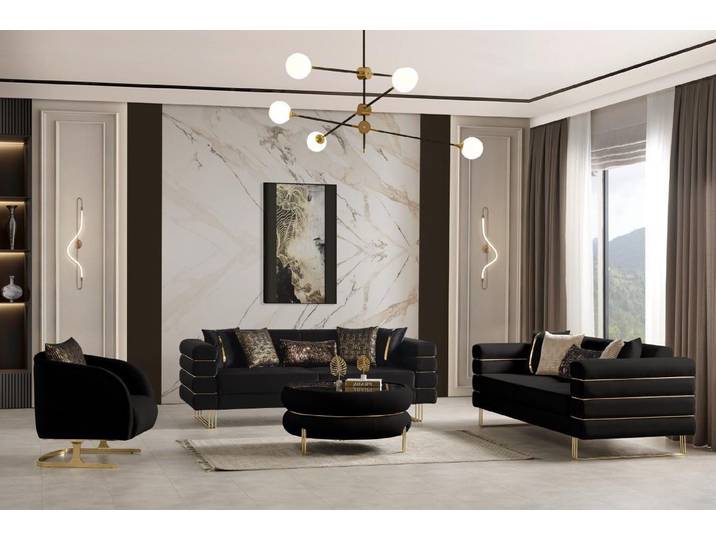 Xlmoebel Polstergarnitur XLMOEBEL Polstergarnitur Schwarz mit goldfarbenem Rahmen, (Polstergarnitur, 3-tlg., Sofa & Sessel), Made in Europa