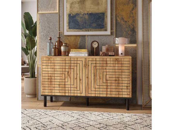 Buffet Bas Rangement 120x35x68cm Grand Rangement Enfilade 3 Portes Design Soigné Bois Pousser-Ouvrir Chêne Naturel
