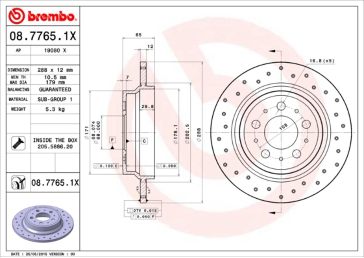 Bremsscheibe BREMBO 08.7765.1X, hinten, gelocht, perforiert, voll, 1 Stück