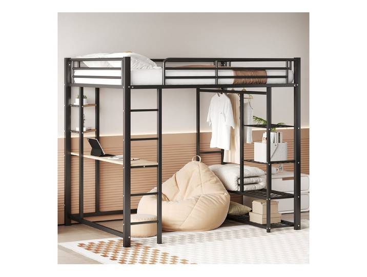 Odikalo Hochbett Jugendbett Metallbett Tisch Kleiderbügeln Ablagefächern 140x200cm