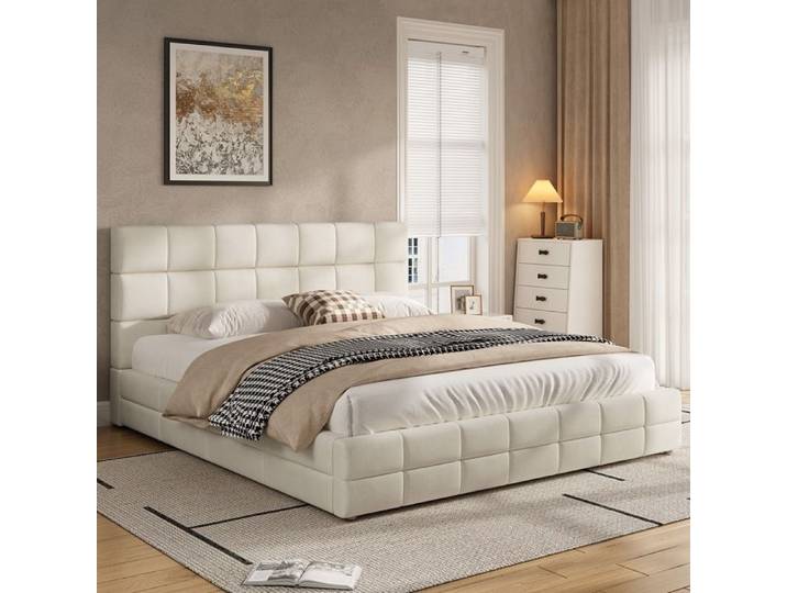 Lit rembourré Beige 180x200 Double places Structure rembourré Design moderne pour adulte
