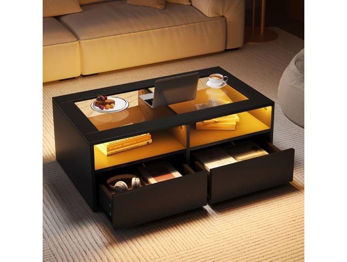 Table basse rectangulaire 100 cm LED et 2 tiroirs table basse salon en verre table basse moderne avec double design rangement