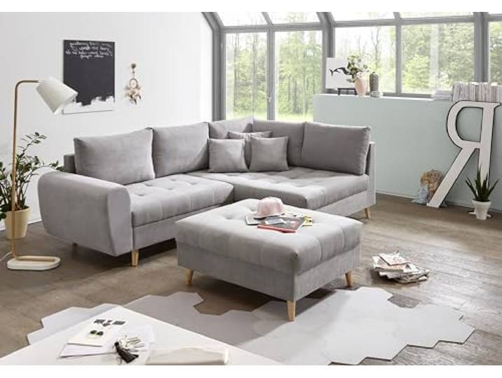 ALICE Ecksofa mit Hocker, Stoffbezug Hellgrau - Moderne Eckcouch mit Kissen & Massivholz Füßen - 249 x 94 x 175 cm (B/H/T)