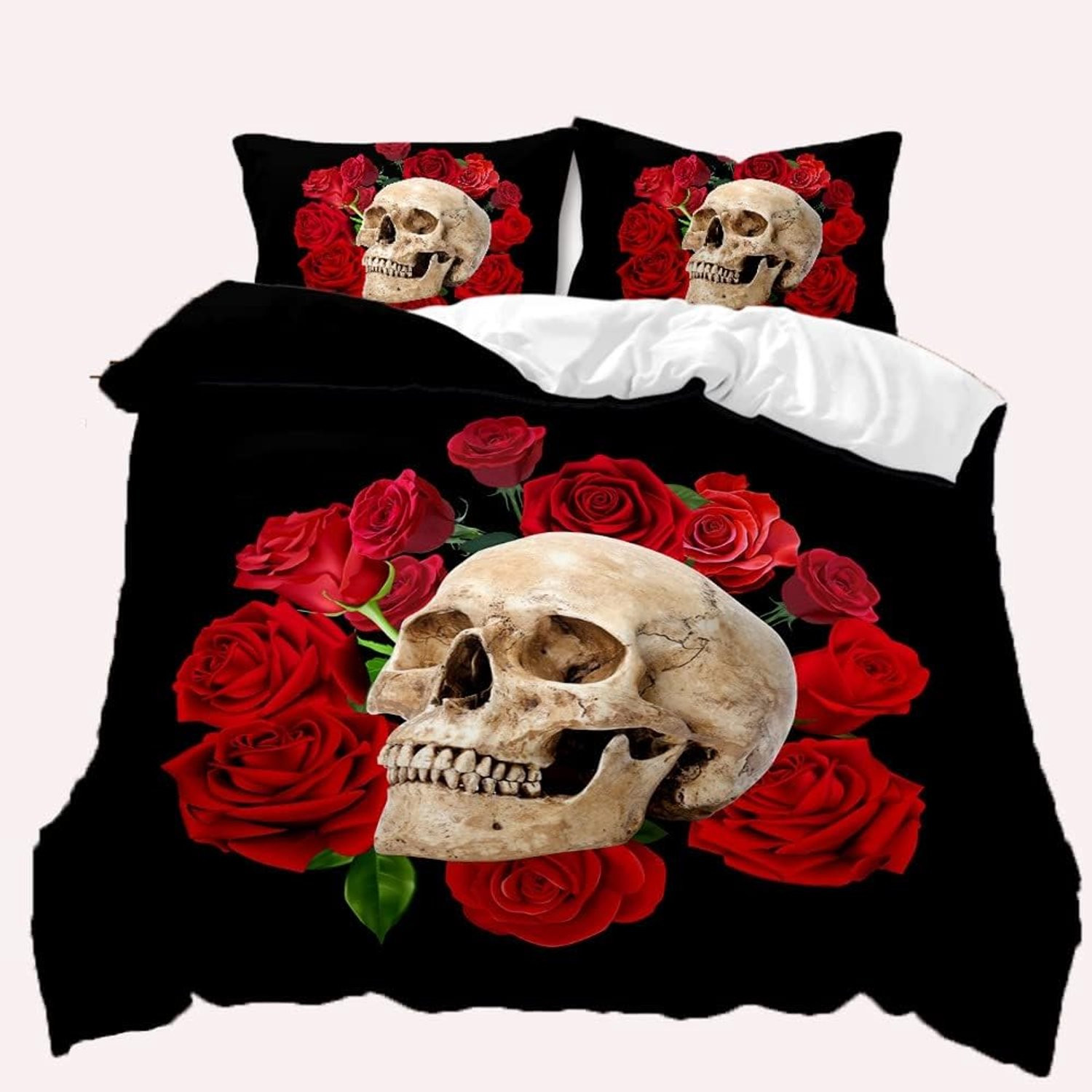 Dekbedovertrek Set met 3D Rozen en Schedel Print in Gothic Stijl, 135 x 200 cm