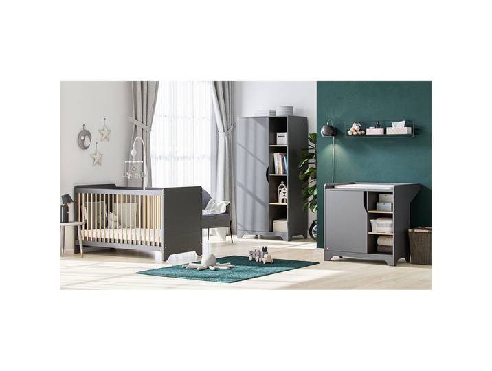 Chambre complète lit bébé - commode à langer - armoire 1 porte Vox Leaf Gris et bois