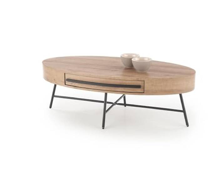 designimpex Design Couchtisch oval HA-100 Eiche Gold - Schwarz matt Schublade Tisch, Farbe:Eiche Gold - Schwarz matt
