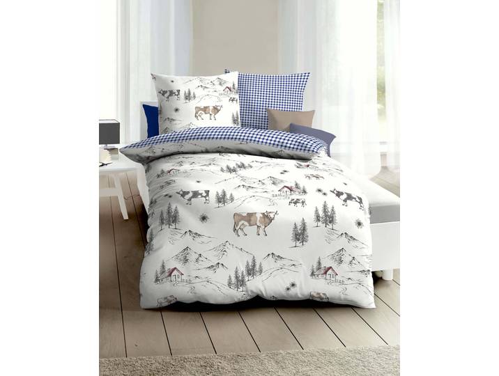 Wendebettwäsche KAEPPEL Allgäu , blau, B/L: 135cm x 200cm, 1 Stk., 1 Stk., Feinbiber, B/L: 80cm x 80cm, 2 Stk., Feinbiber, Obermaterial: 100% Baumwolle, Bettwäsche, Wendebettwäsche, mit Kühen