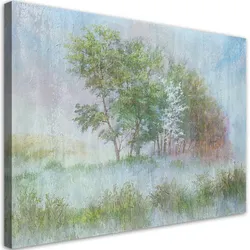 WANDBILD bäume auf einer nebligen wiese