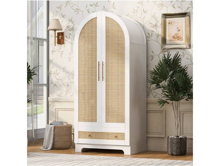 WUVRIE Armoire de chambre 2 portes 2 tiroirs 70 x 55 x 170 cm aspect rotin blanc