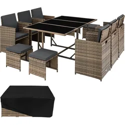 tectake Rattan Sitzgruppe Malaga mit Schutzhülle - platzsparend, abwaschbar - Farbe Nature - 6 Sessel 4 Hocker 1 Tisch