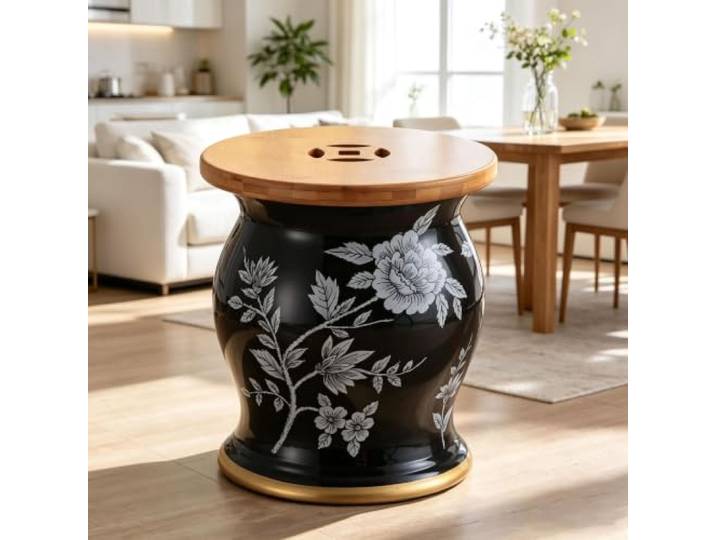 Chinoiserie Keramik Gartenhocker mit Stauraum,Dekorativer Trommelhocker Keramik Trommelhocker Chinoiserie mit Abdeckung,Mehrzweck Hocker, Beistelltisch für Wohnzimmer Foyer, Terrasse(11)