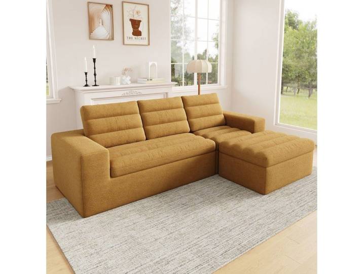 ROVRYN Canape d'angle modulaire en L 253 x 161 x 89 cm chenille orange avec pouf
