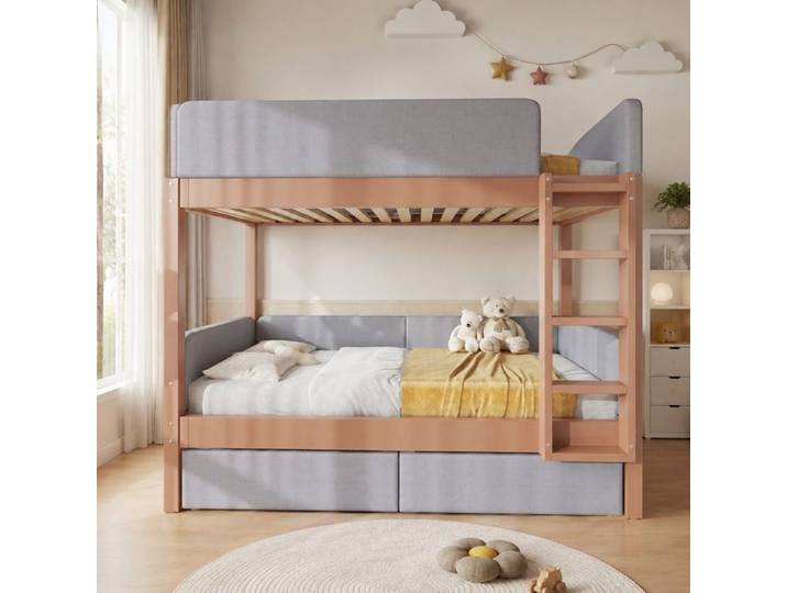 VUENOR Lit superposé enfant 90x200 cm gris naturel – échelle droite et 2 tiroirs