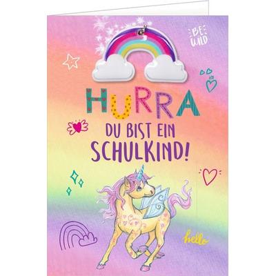Grußkarte m.Anh.- Hurra, du bist ein Schulkind! (Einhorn-P.)