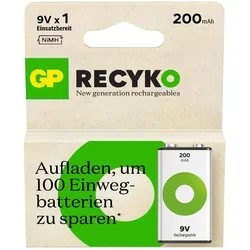 9V Block Akku NiMH 200 mAh RECYKO, 1 Stück