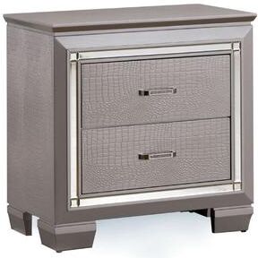 Benjara Nightstand with LED, 2 Drawers, Crocodile Texture, Silver Mirror
