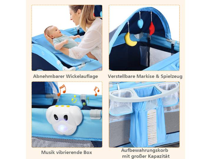 Lit de voyage et parc pour bébé avec sac et moustiquaire - Bleu
