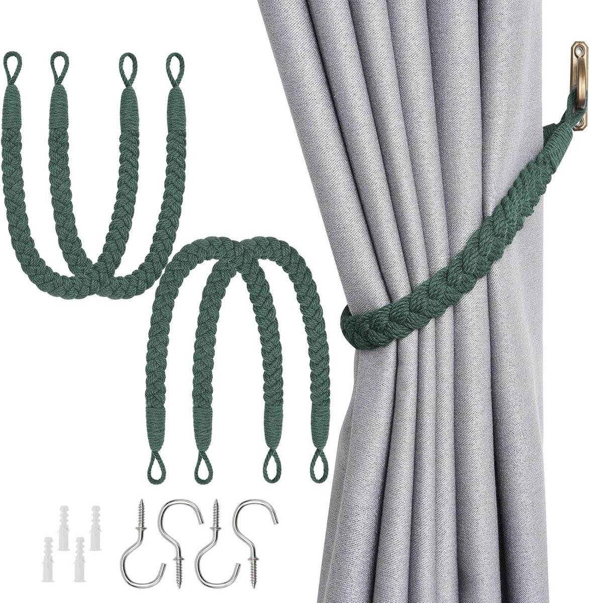 Handgeweven katoenen gordijn tiebacks in boho stijl - Donkergroen - 60 cm