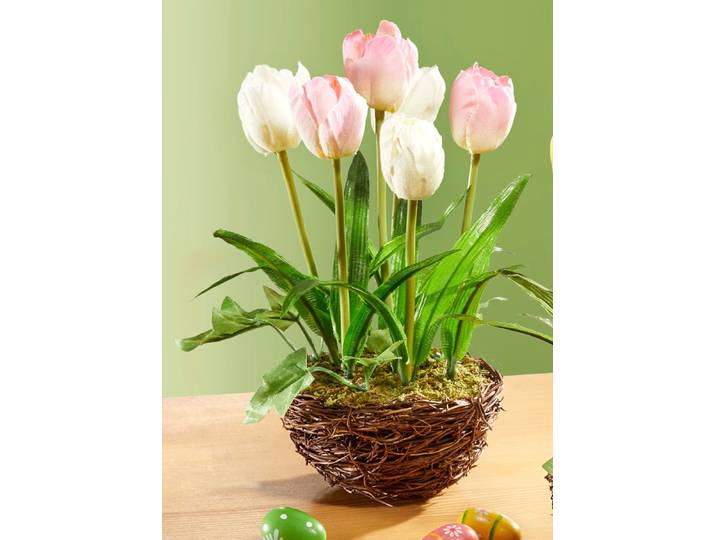 Tulpen im Weidekorb, Rosa-Weiss, Rosa-Weiss, klein