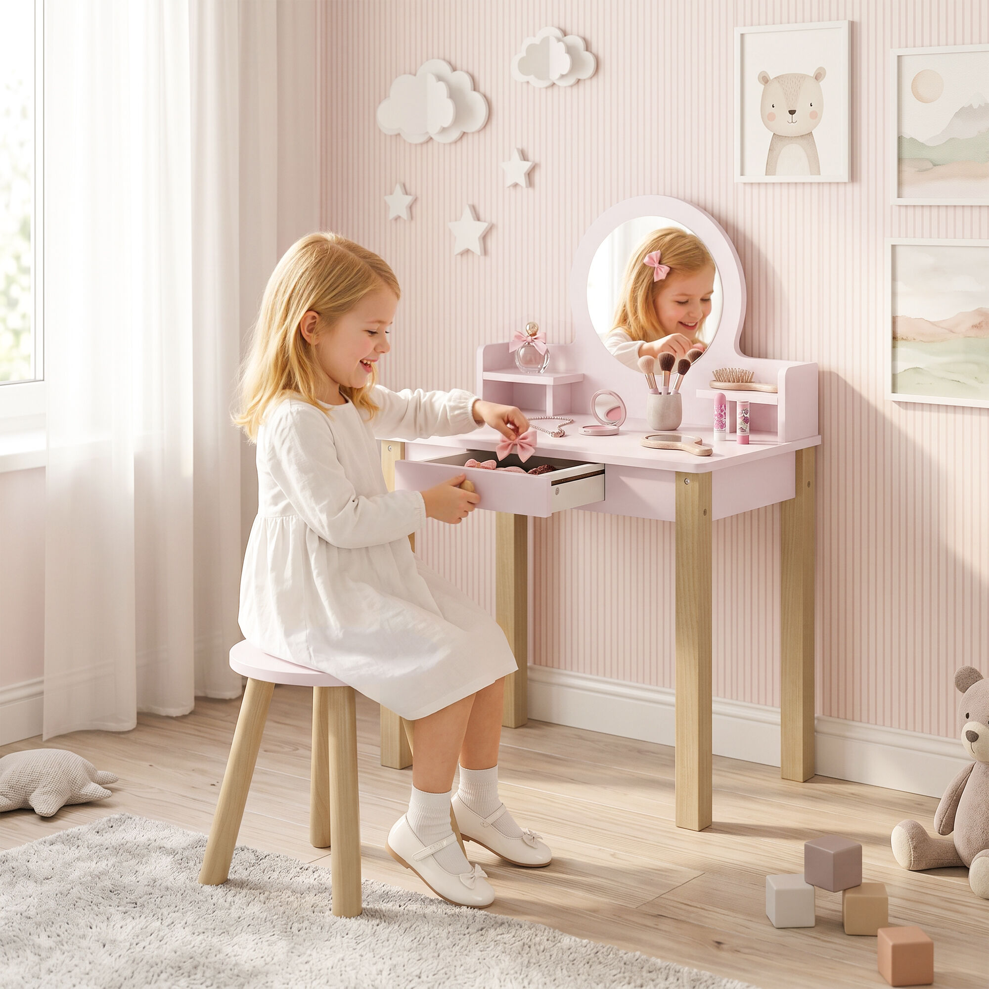 Altro Set Toeletta Trucco Bambina Con Sgabello, Specchio E Cassetto In Legno, Età 3-6 Anni, Rosa