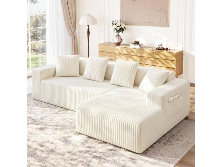 Welzona Modulares Sofa L Form, 261cm Boneless Couch, Ecksofa Cord Couch Hochdichter Schaumstoff Couch L Form, Extra Breite Armlehnen & Tiefer Sitz Eckcouch, Ohne Aufbau, Sofa 3 Sitzer, Sofas Beige