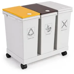 Relaxdays Mülleimer mit Rollen 3 Fächer Weiß,Braun,Gelb