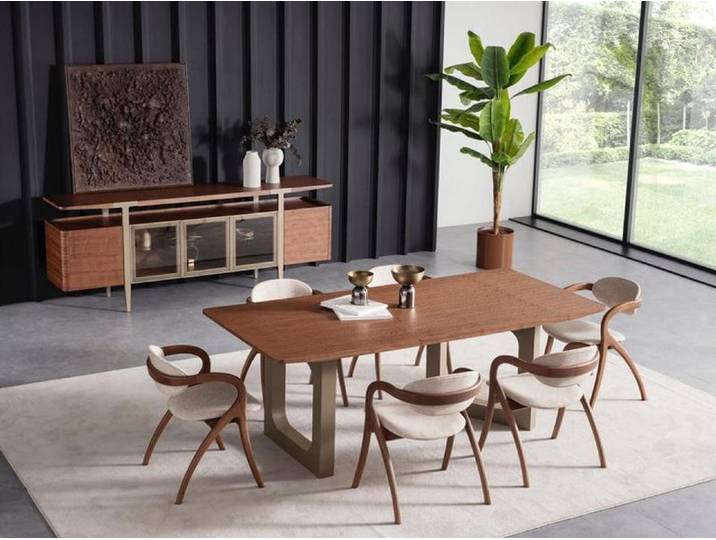 JVmoebel Esszimmer-Set Elegante Holz-Garnitur in Braun mit Tisch, Lehnstühlen und Sideboard, (8-St., Esstisch, Kommode, 6x Stühle), Made in Europe